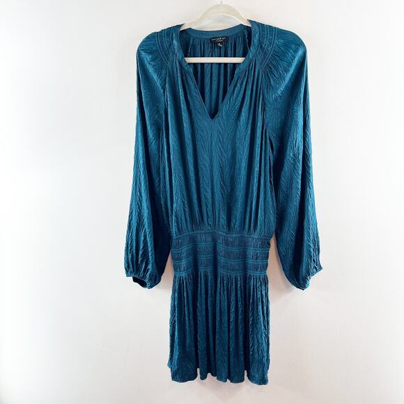 Current Air Long Sleeve Smocked Waist V Neck Satin Mini Dress Teal Medium - Picture 2 of 8